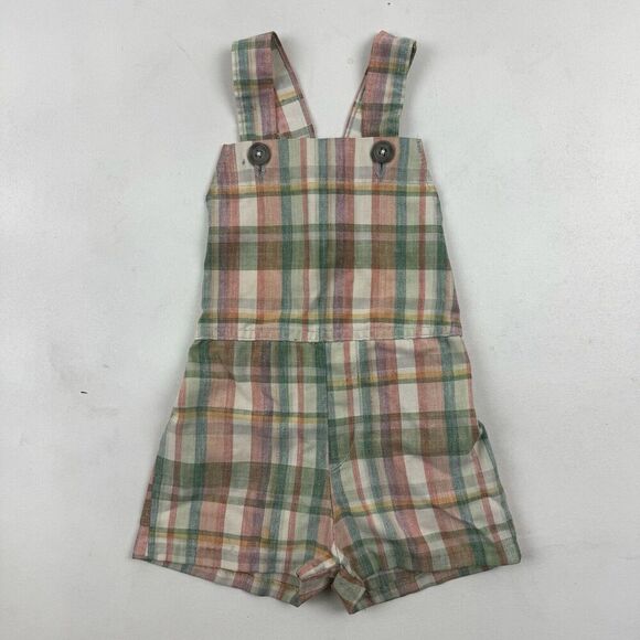 VTG Billy The Kid Shortalls Overalls Plaid Size 3 Unisex Green Tan Rose Pink - Picture 2 of 5